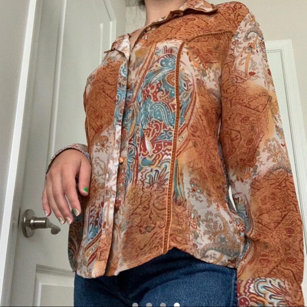 Vintage Collared Patterned Button Down Blouse - image 3